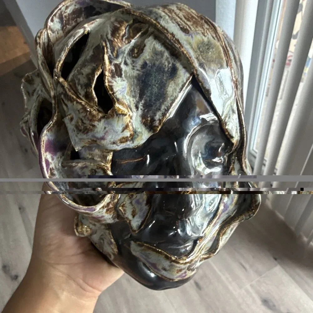 Glazed Ceramic Face Decorative Mask Wall Art - Black Brown Gold Purple